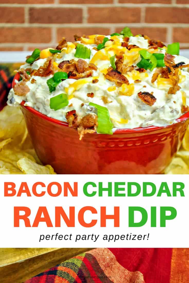 Our tasty bacon cheddar ranch dip the perfect party appetizer for Super Bowl or any party! It's made with sour cream, green onions, and served cold. So good! See more on the blog. #dip #recipe #appetizer #superbowl #snack #food