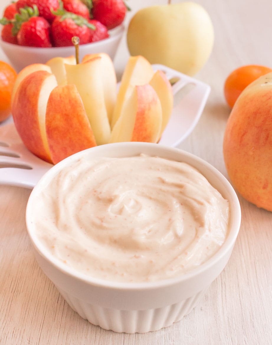 Peanut butter Greek yogurt fruit dip with honey or stevia