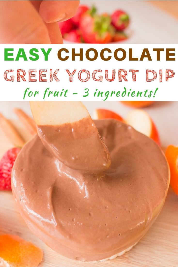 Easy chocolate Greek yogurt dip for fruit made with 3 ingredients with dipping apple slice