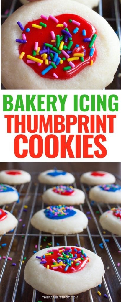 red and white image of bakery thumbprint cookies with icing and sprinkles in assorted colors