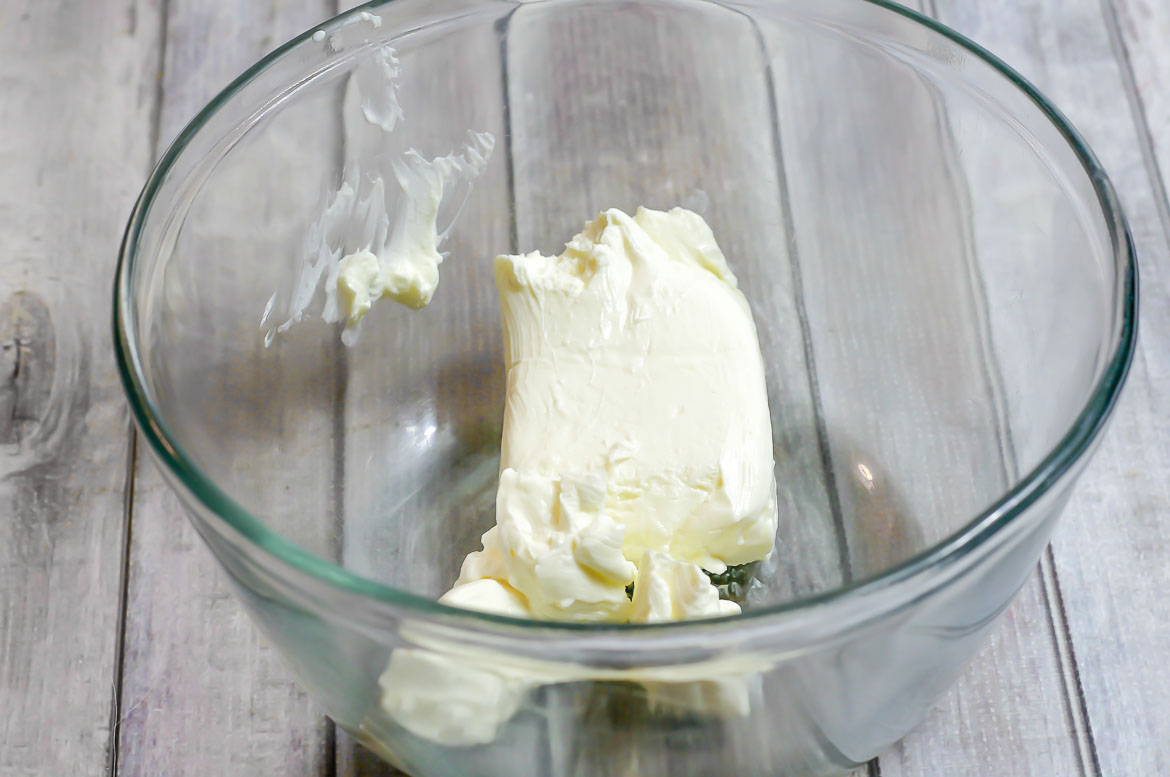 cream cheese ready to add to mint chocolate chip cheesecake dip