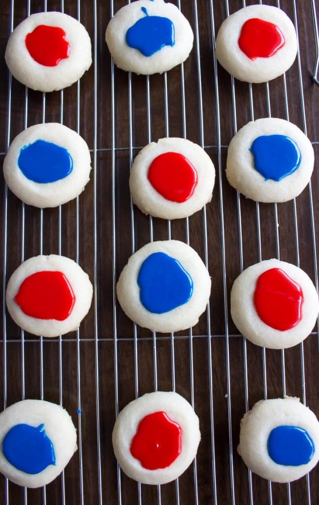 thumbprint cookies with icing but no sprinkles blue and red