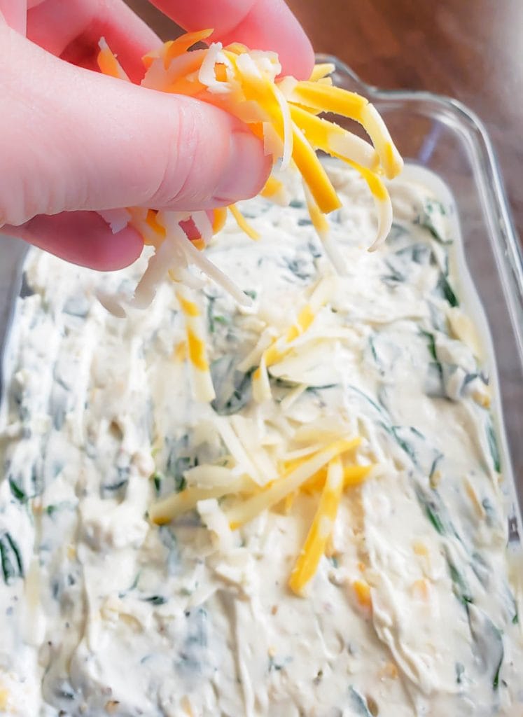sprinkling cheese on Asiago cream cheese dip with spinach and artichokes before baking