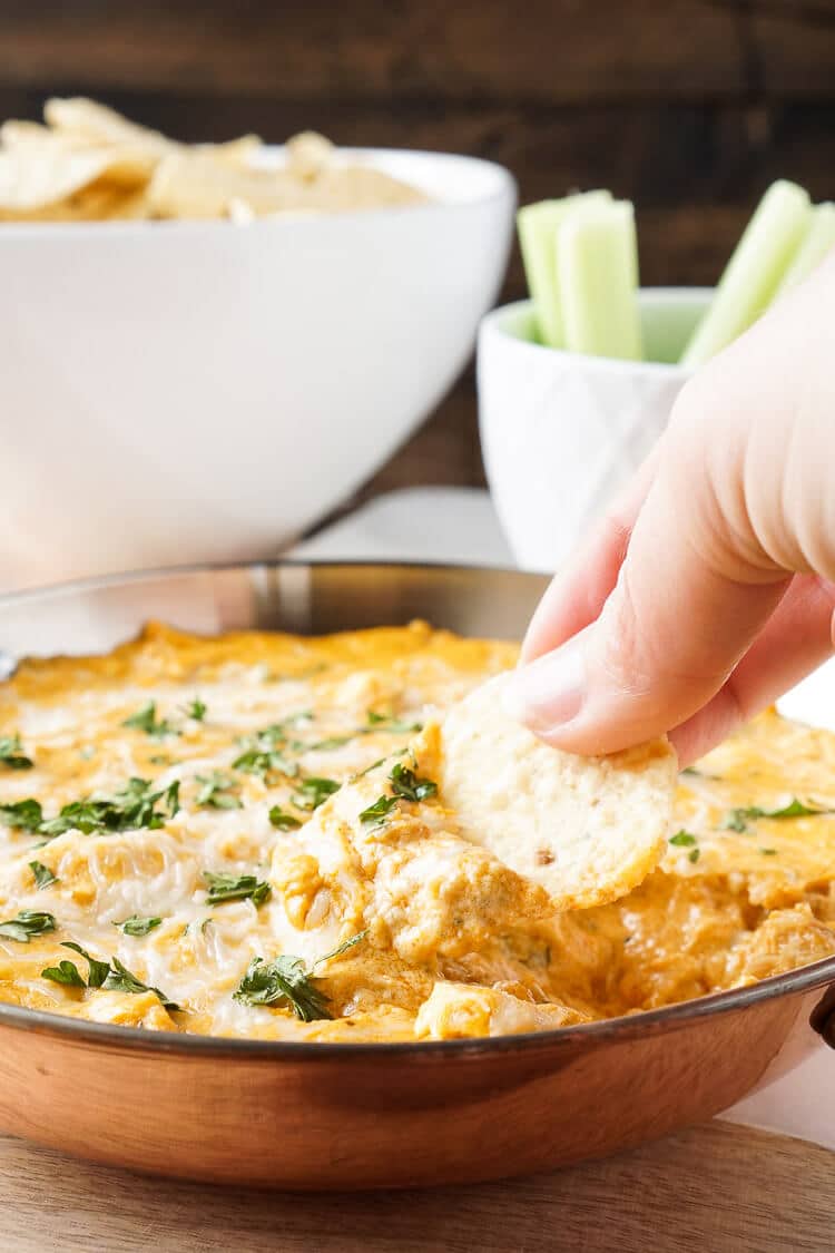 Baked blue cheese and buffalo chicken dip.