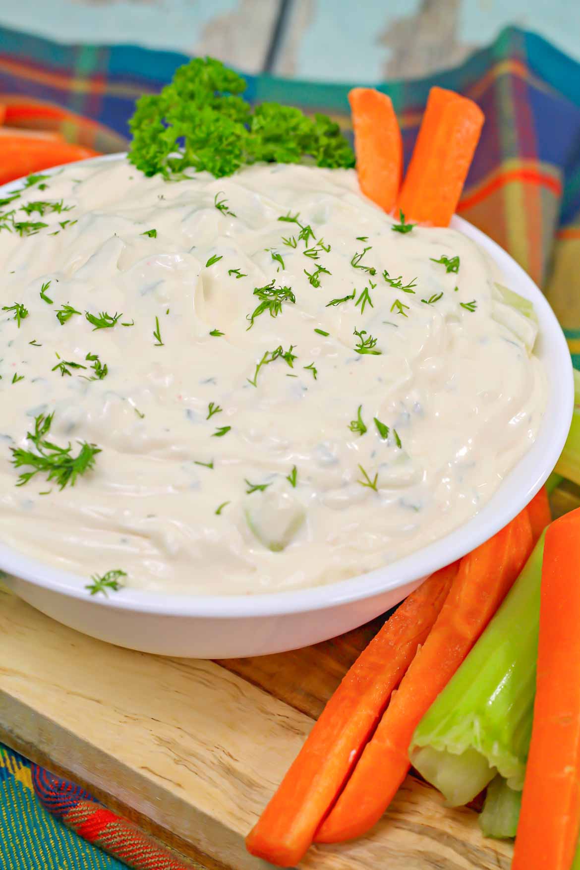 cucumber dill dip served with carrots and celery