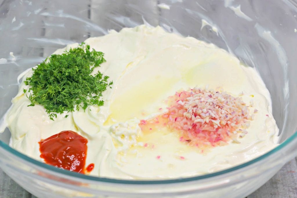 ingredients for cucumber dill dip with Sriracha ready to mix