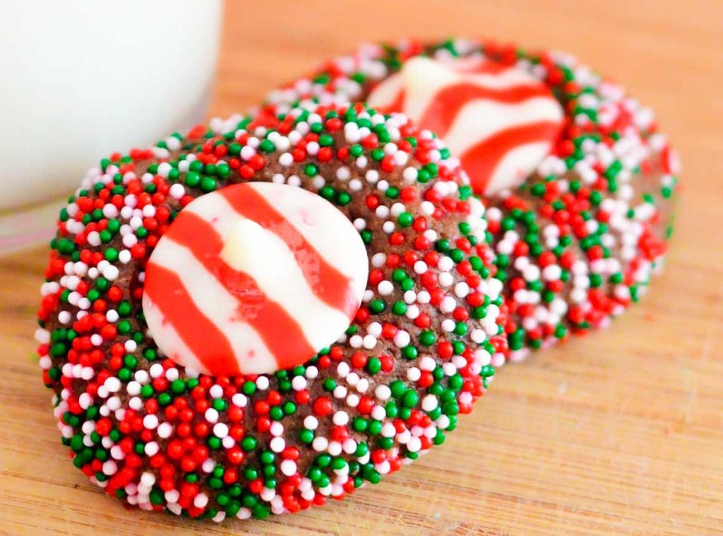 Chocolate Peppermint Kiss Thumbprint Cookies with Sprinkles