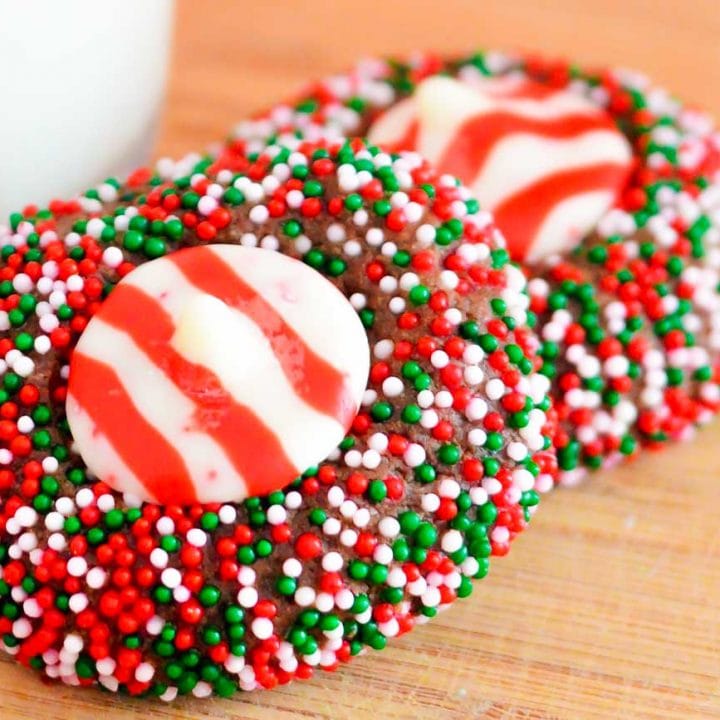 Chocolate Peppermint Kiss Thumbprint Cookies with Sprinkles