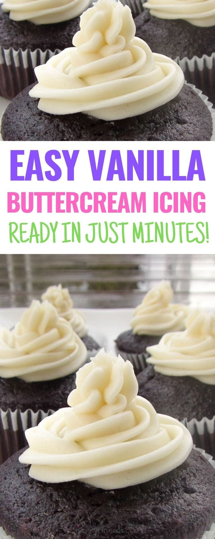 easy vanilla old fashioned buttercream frosting recipe on a chocolate cupcake
