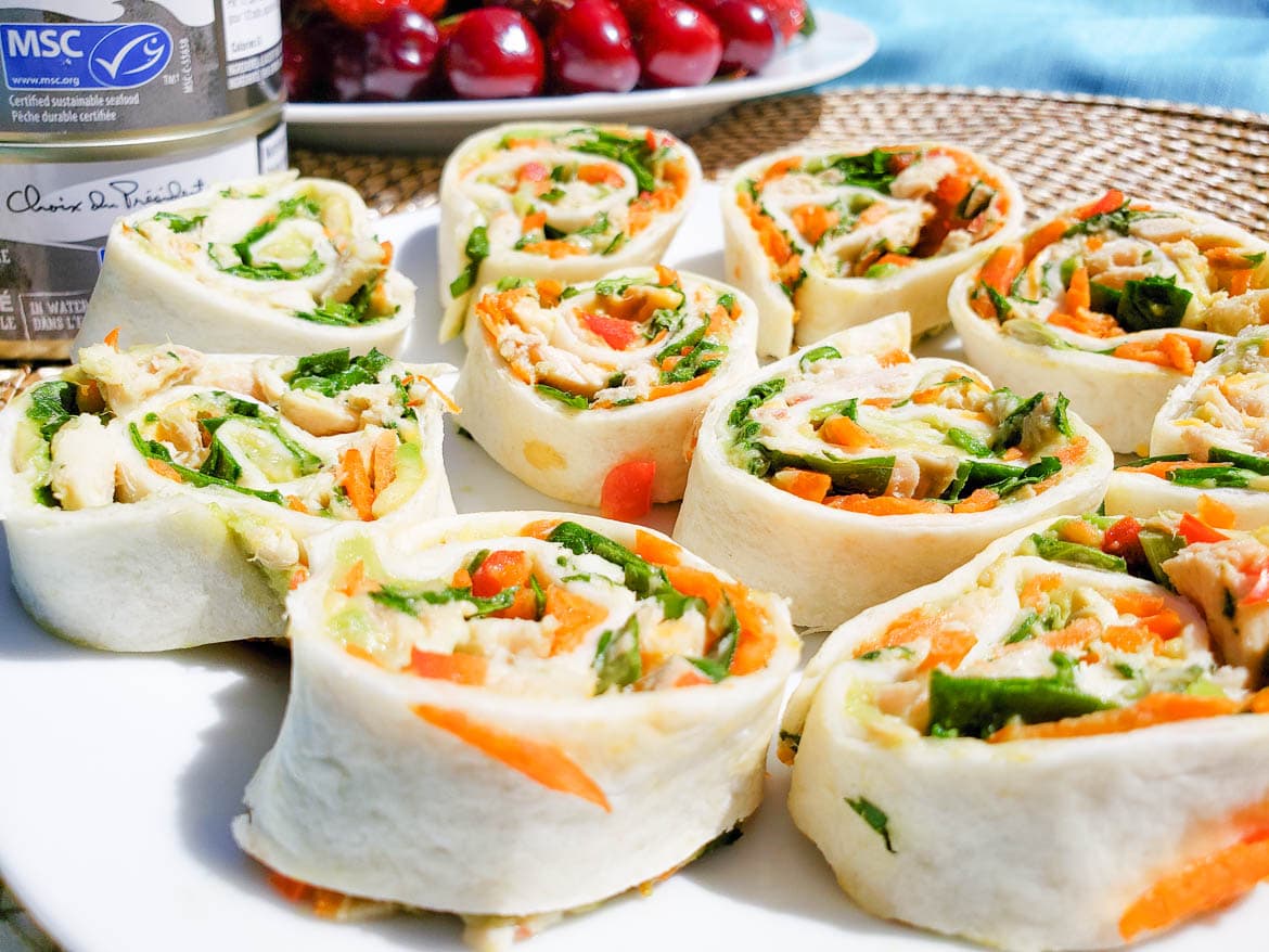 pinwheels made with MSC certified tuna and fresh red pepper, carrots, avocado and green onions