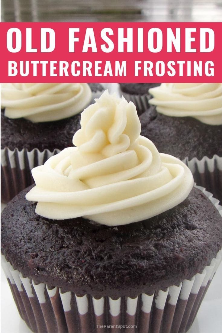 old fashioned buttercream icing with vanilla flavor on a chocolate cupcake