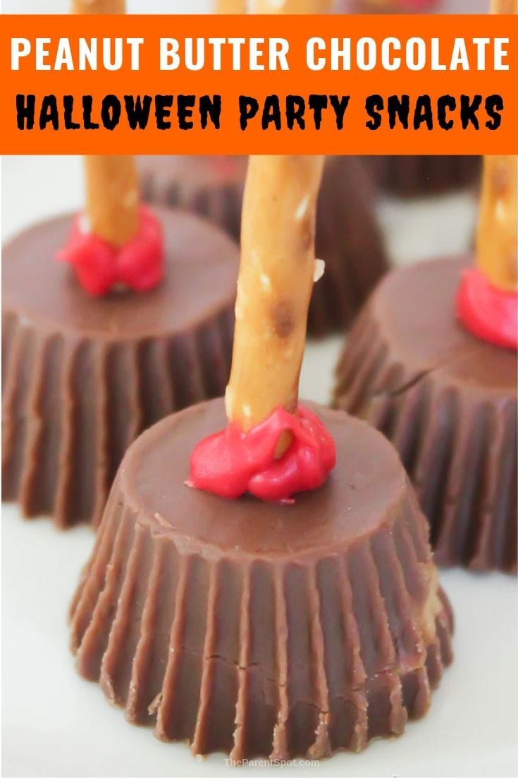 peanut butter and chocolate Halloween party snacks made with pretzels and Reese's minis