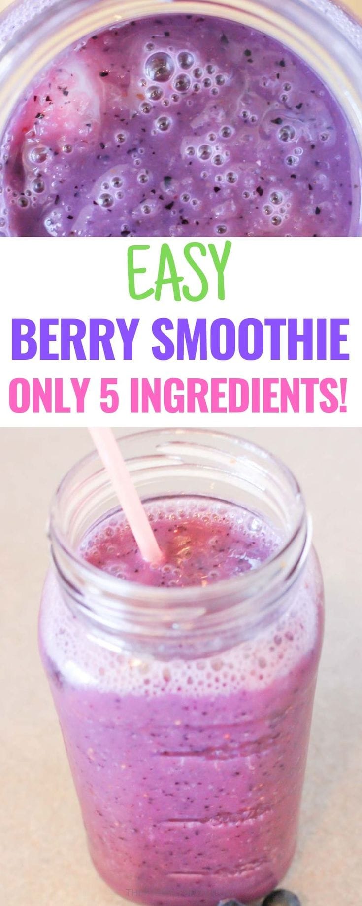easy 5 ingredient mixed berry almond milk smoothie no yogurt healthy treat with healthy banana, strawberry and blueberry 