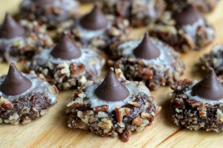 Hershey Kiss Chocolate Drop Cookies Rolled in Pecans by A Turtle's Life for Me.
