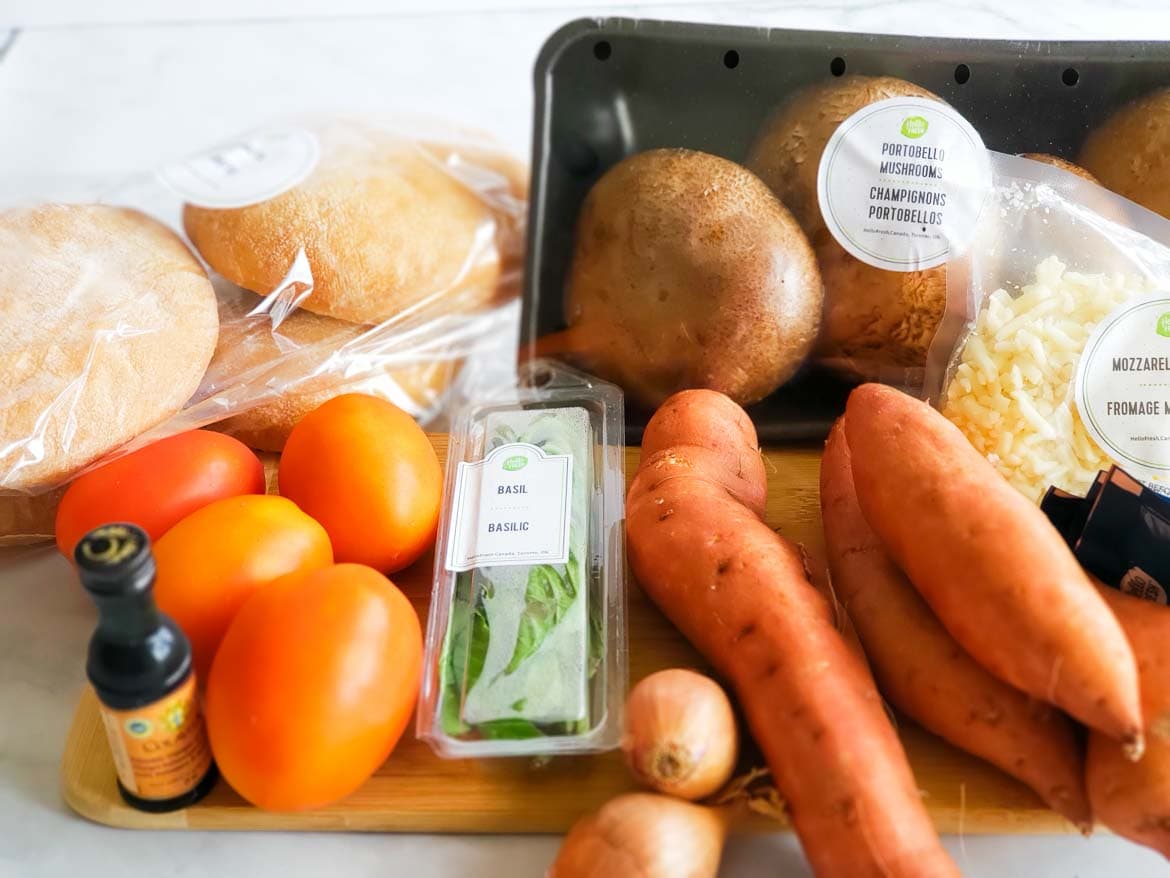 HelloFresh ngredients for vegetarian open faced mushroom melt with yam fries