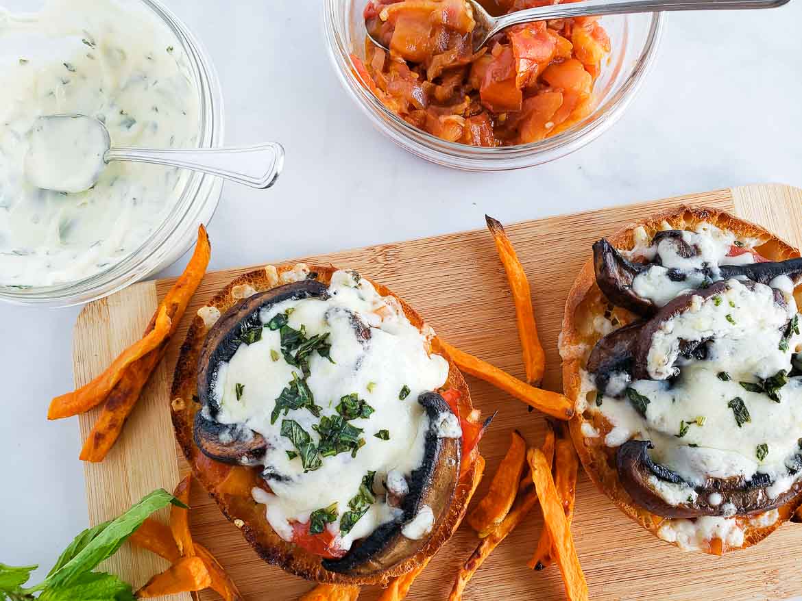 HelloFresh vegetarian recipe for open faced mushroom melt with yam fries