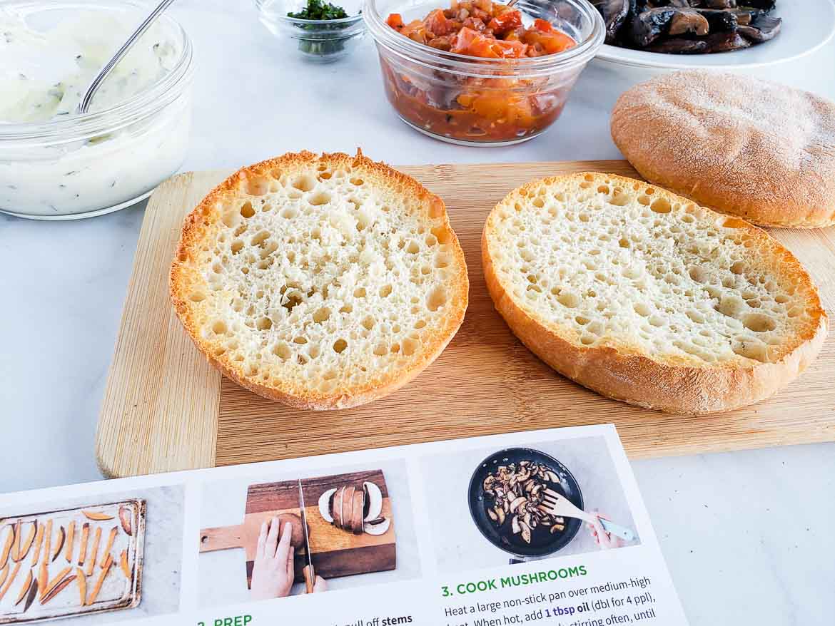 Preparing recipe for HelloFresh vegetarian open faced mushroom melt with yam fries