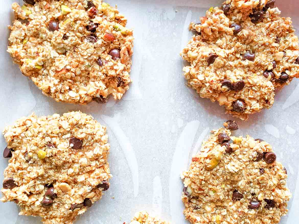 cookies pressed on cookies sheet banana peanut butter chocolate soup healthy breakfast cookies