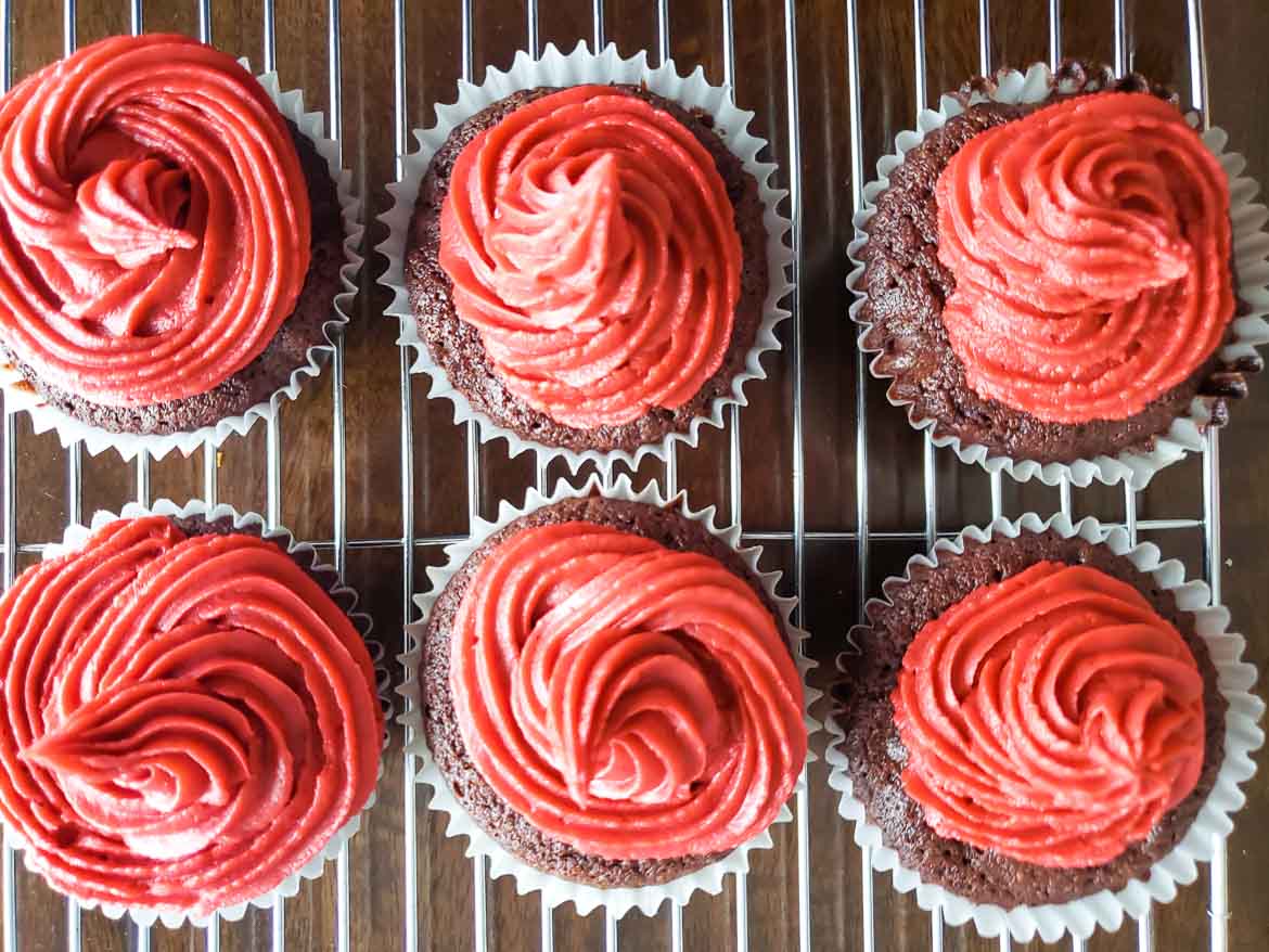 Chocolate Chocolate Chip Cupcakes with Red Velvet Buttercream
