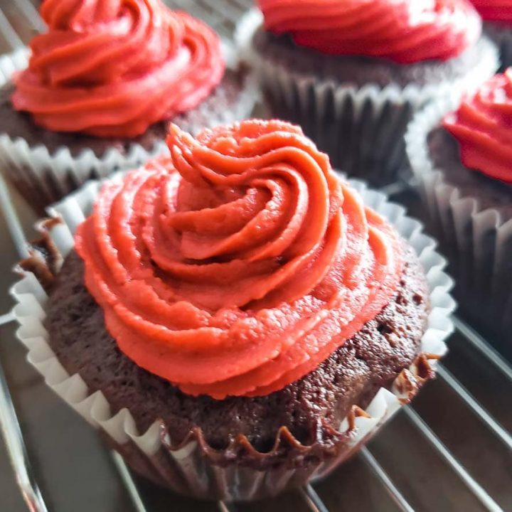 Chocolate Chocolate Chip Cupcakes with Red Velvet Buttercream frosting