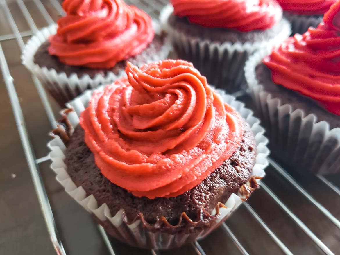Chocolate Chip Cupcakes with Red Velvet Buttercream 