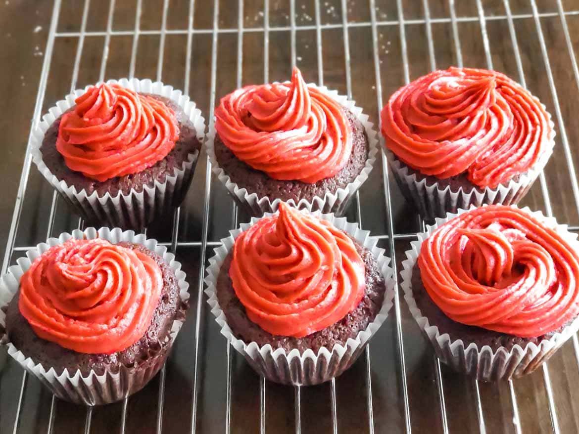 Red Velvet Buttercream Frosting on Double Chocolate Chip Cupcakes