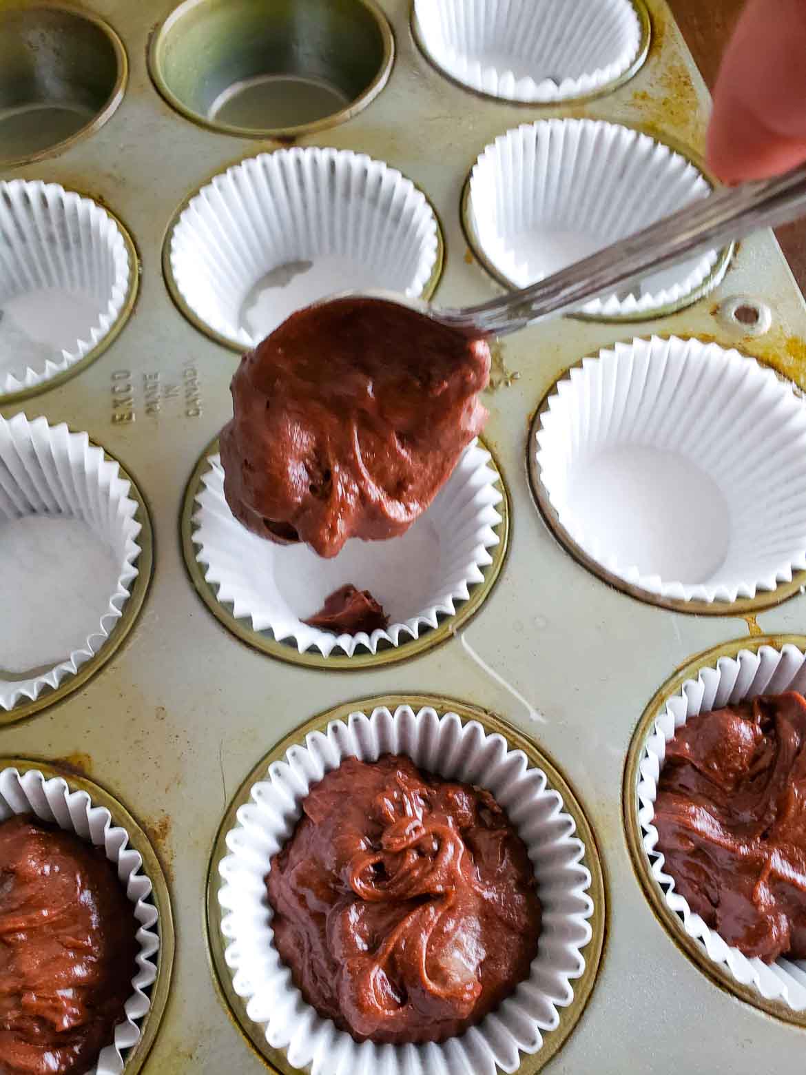 Double Chocolate Chip Cupcakes with Red Velvet Buttercream batter