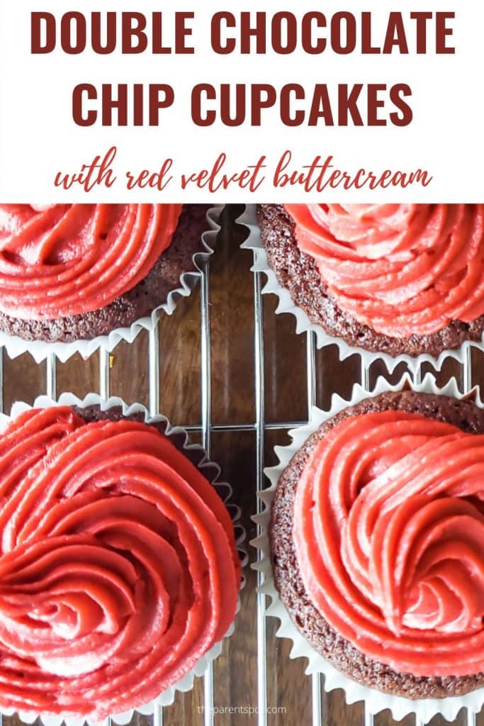 chocolate chocolate chip cupcakes with real butter red velvet buttercream frosting