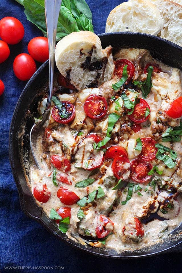 Hot Caprese Dip with Mozzarella, Parmesan & Cream Cheese from The Rising Spoon