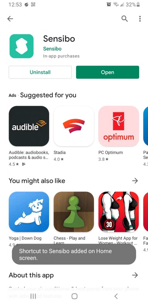 Sensibo app on Google Play store