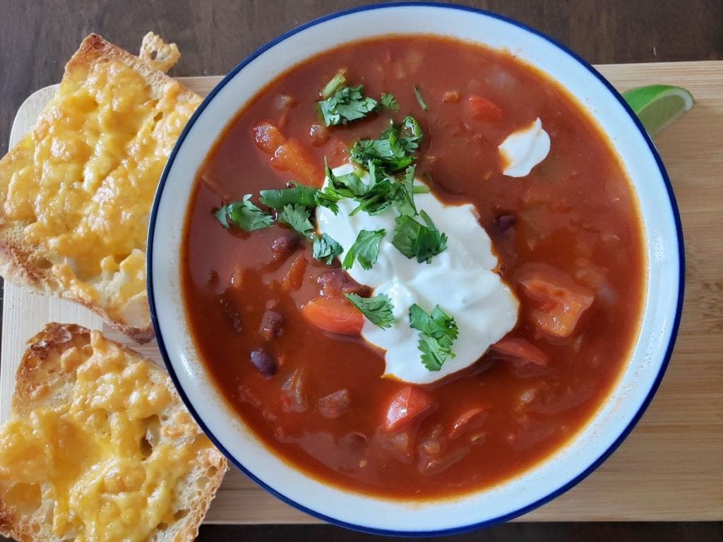 Chefs Plate Chipotle Black Bean Soup with lime crema and cheesy focaccia dippers 