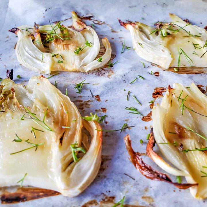 slow roasted fennel baked in oven with garish