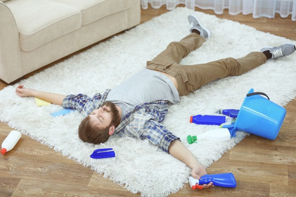 self care is hard quotes dad lying on rug with cleaning products