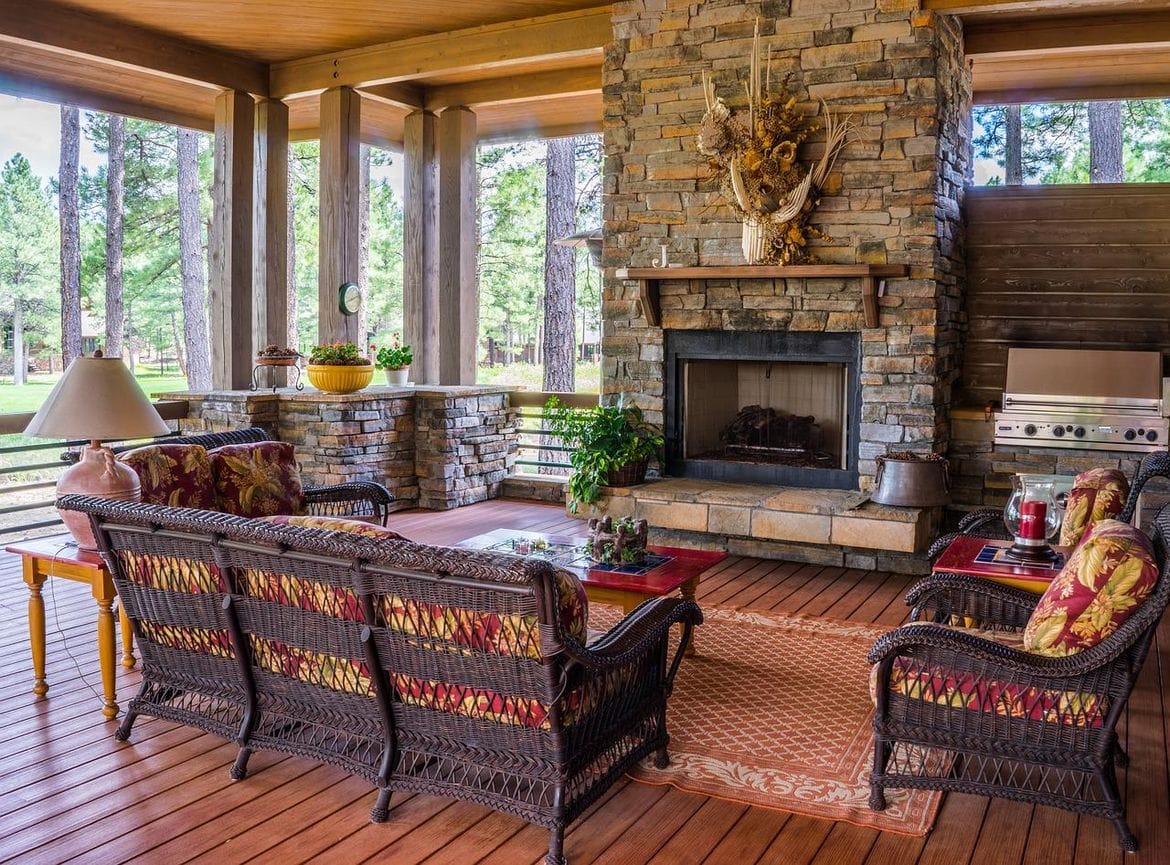 kitchen on deck with fireplace 