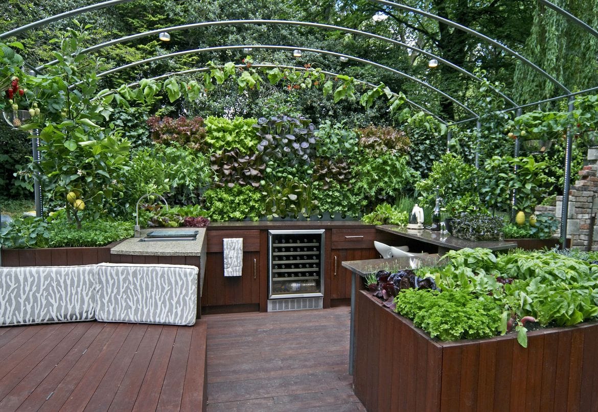 Outdoor kitchen with garden