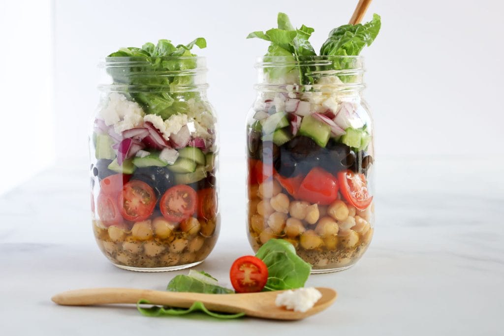 Mediterranean Feta Grape Tomato and Chickpea Salad in a Mason Jar