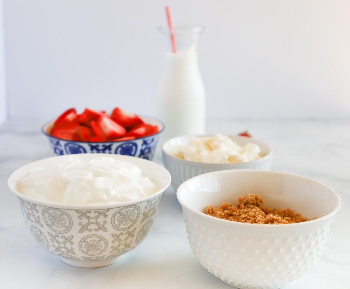 Ingredients for Greek Yogurt and Cream Cheese Berry Cheesecake Popsicles