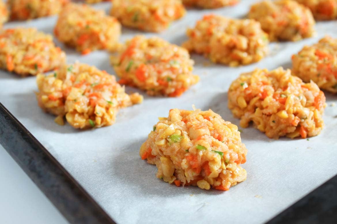 Chickpea Nuggets on tray ready for baking in the oven