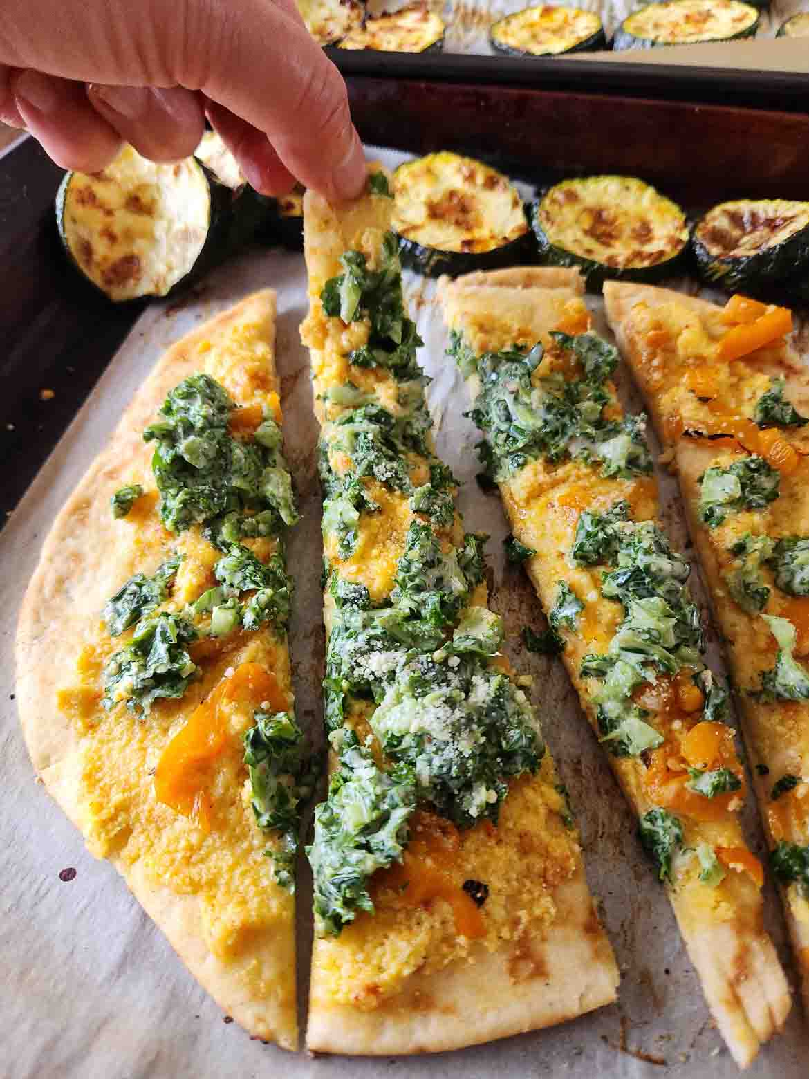 Goodfood kale Caesar salad topped BBQ flatbreads