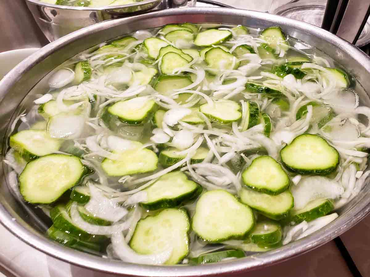 cucumber and onion in a salt bath