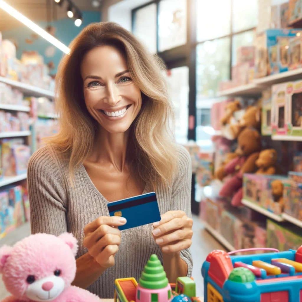A cheerful mom in a toy store, paying for children's toys with a credit card DALL-E AI generated