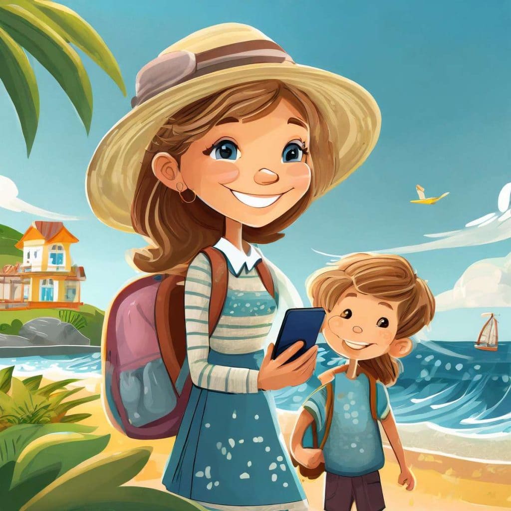 Firefly cute fun cartoon of a happy mom on vacation with cell phone in hand with kids nearby 