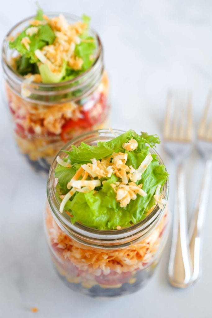 Black bean corn and cheddar mason jar salad