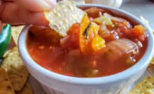dipping chip in chunky salsa recipe for canning in white bowl