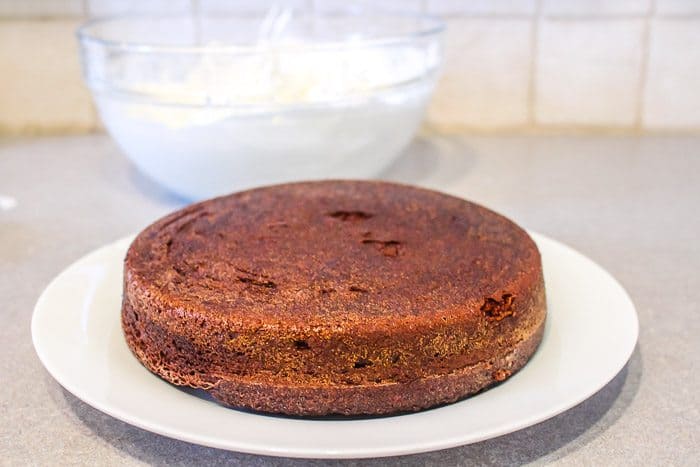 bottom half of two layer chocolate cake ready for icing