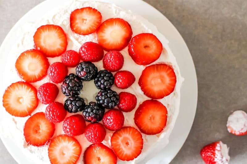 fresh fruit cake with whipped cream