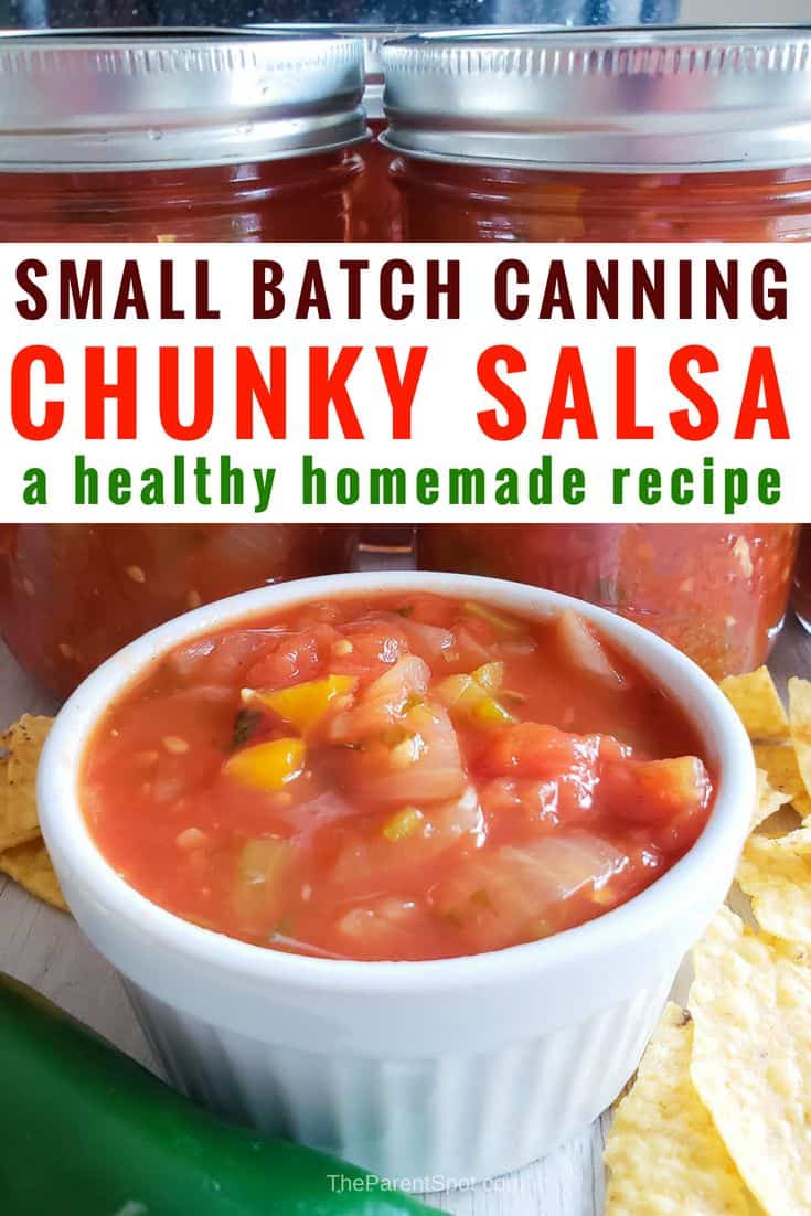 This is so good! A canned salsa recipe that is homemade healthy and small batch, and packed with ripe tomatoes, garlic, cilantro, garlic, onion, and a touch of sugar and vinegar for taste. You'll love it!