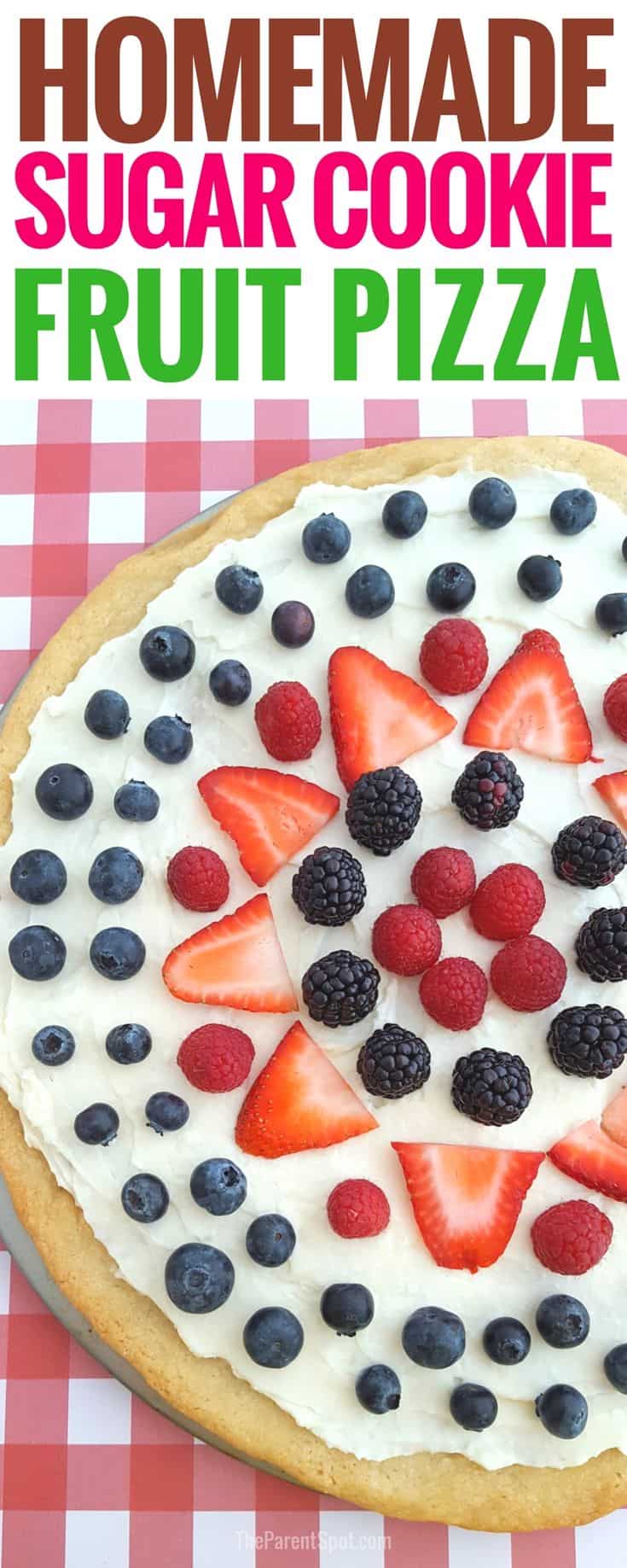 Delicious homemade strawberry blueberry blackberry sugar cookie recipe. This tasty recipe is made with a sugar cookie crust, cream cheese icing, and a lot of flavor. It's one of our kids favorites! #dessert #dessertrecipes