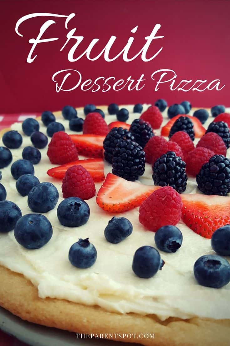 Dessert pizza with strawberry as sugar cookie crust and cream cheese. This tasty recipe is one of our family's favorites!