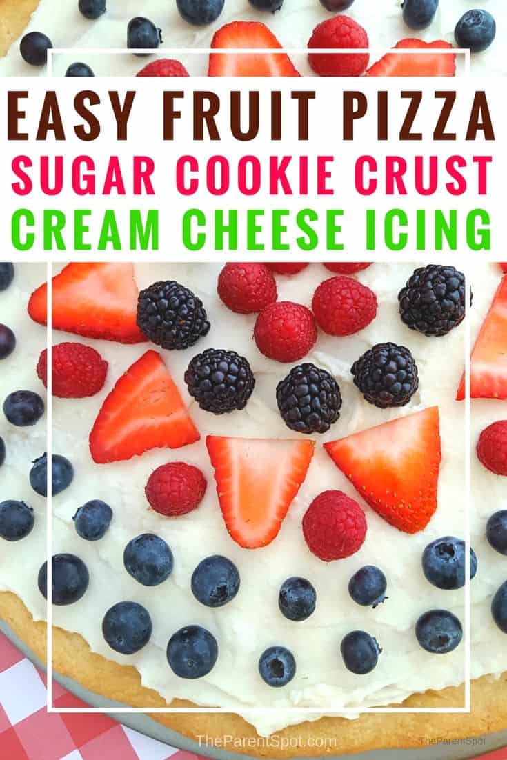 Easy fruit pizza recipe with a sugar cookie crust and cream cheese. This is so good! We made it with strawberries and more, but you could use almost any kind of fruit. #dessert #dessertrecipes